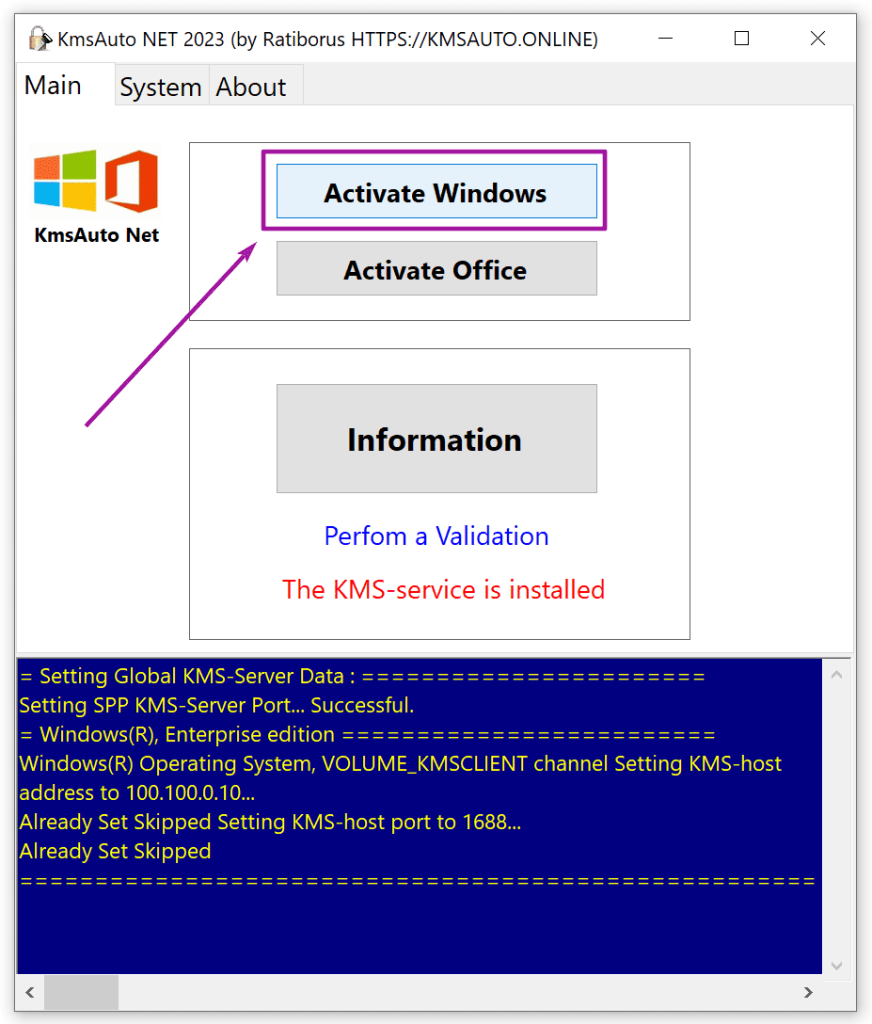 Click button Activate Windows from KmsAuto